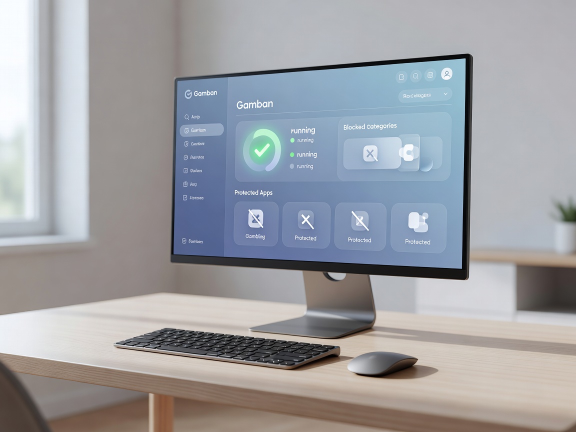 A clean desktop workspace displaying Gamban software dashboard