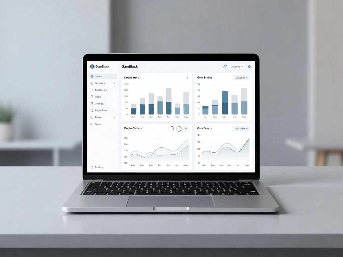 A laptop displaying GamBlock software dashboard